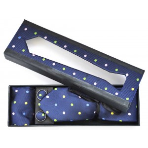Set cravata slim, butoni, batista albastru, buline colorate 1917